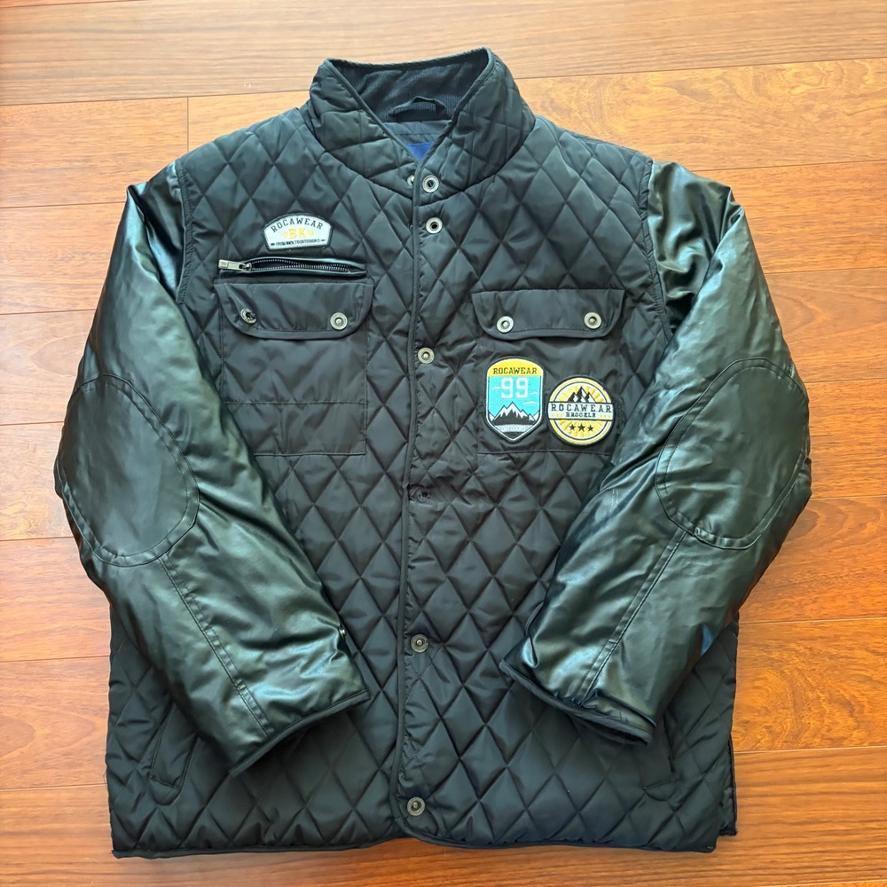 Rocawear Mens Jacket XL Black Quilted Puffer Faux Leather Sleeve Gorpcore Street